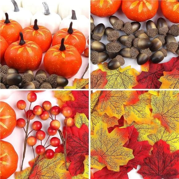151 Pcs Artificial Pumpkin, Fake Gourds Pumpkin Autumn Maple Leaves Thanksgiving - Picture 5 of 6